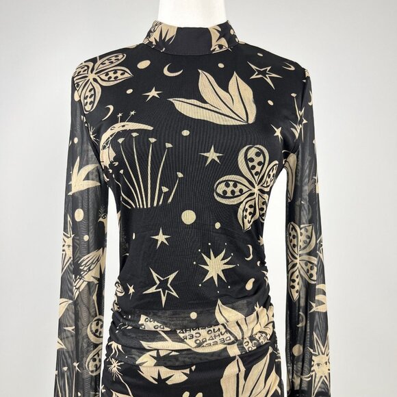 NWOT Farm Rio Cerrado Sky Tulle Midi Dress Long Sleeves Size XS Black and Cream - Picture 3 of 10